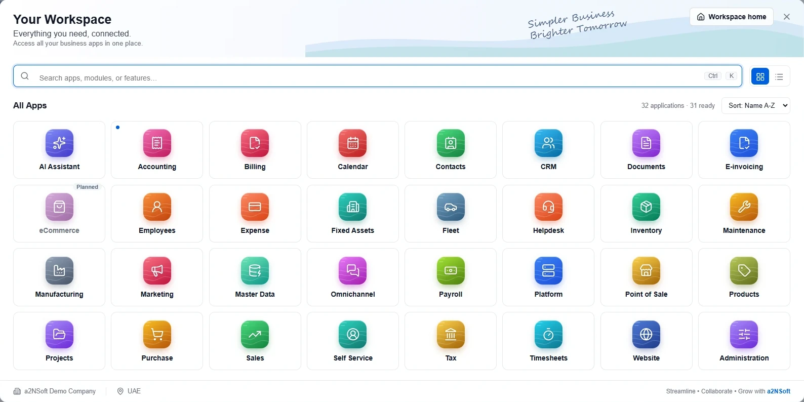a2NSoft workspace: every business app in one place, from Accounting, Billing and CRM to Inventory, Payroll and Point of Sale